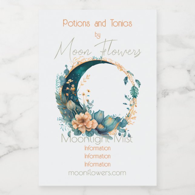 Create Your Own Peach & Teal Floral Moon Wine Label (Single Label)