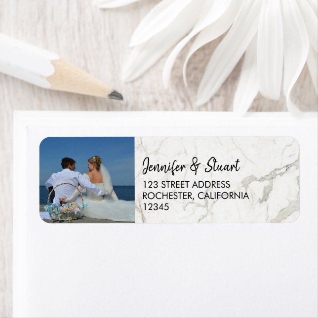 Create your own personal photo on marble Wedding Label (Insitu)