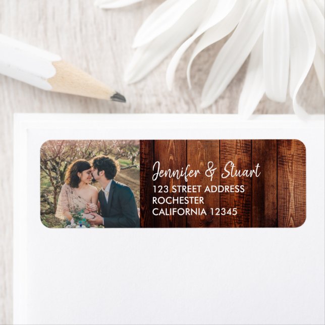 Create your own personal photo rustic wood Wedding Label (Insitu)