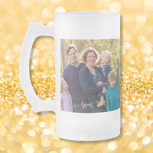 Create Your Own Personalized Photo Gold Text Frosted Glass Beer Mug