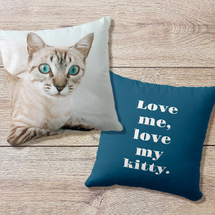 Create Your Own Pet Photo Cat Lover Gift Blue Throw Pillow