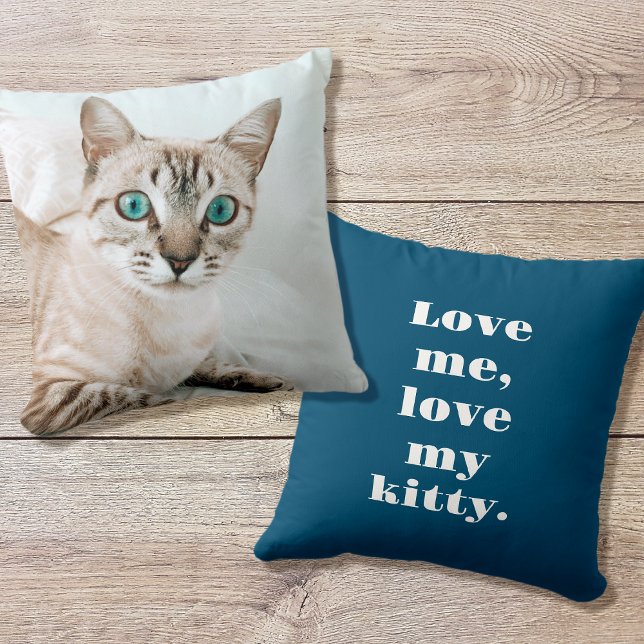 Create Your Own Pet Photo Cat Lover Gift Blue Throw Pillow (Creator Uploaded)