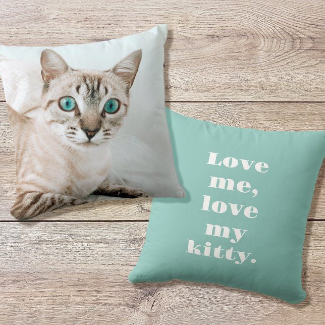 Create Your Own Pet Photo Cat Lover Gift Green Throw Pillow (Creator Uploaded)