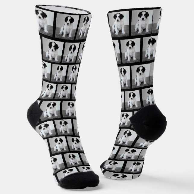 Create Your Own Pet Photo Pattern Black Border Socks (Angled)
