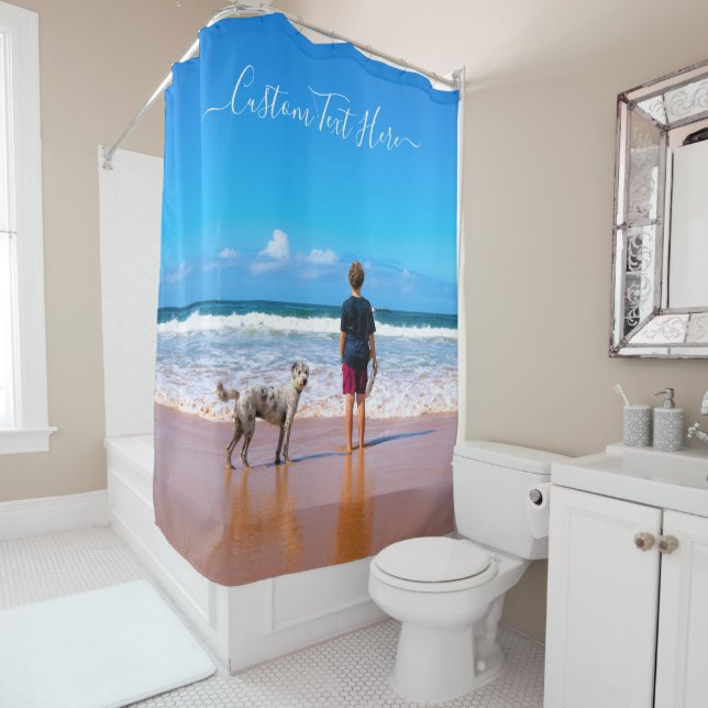 Create Your Own Pet Photo Shower Curtain with Text (In Situ)