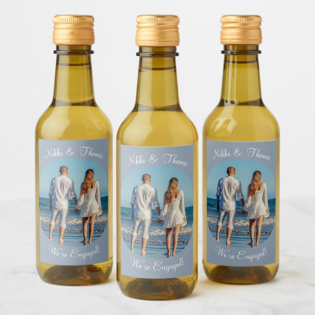 Create Your Own Photo Blue Engagement Name Couple Wine Label (Bottles)