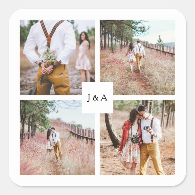 Create your own photo collage elegant wedding square sticker (Front)