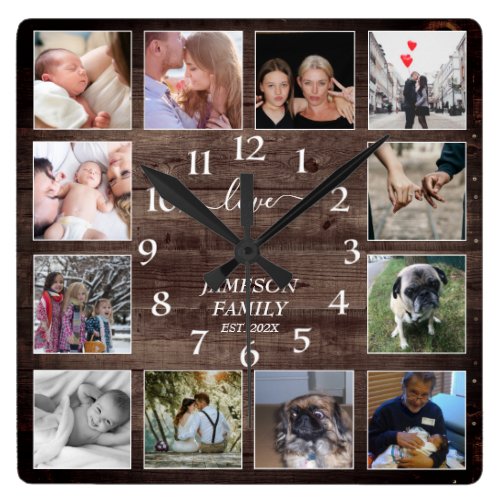 Create Your Own Photo Collage Farmhouse Wood Square Wall Clock