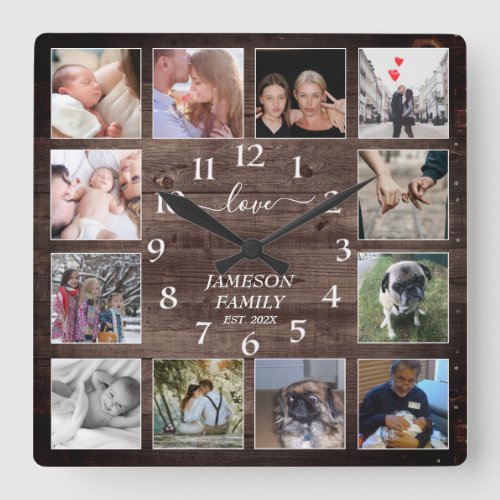Create Your Own Photo Collage Farmhouse Wood Square Wall Clock