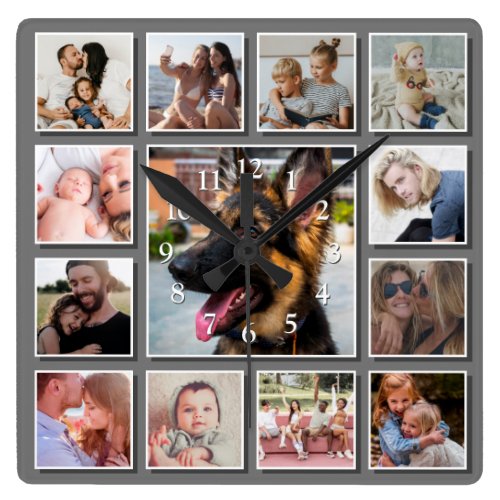 Create Your Own Photo Collage Gray Square Wall Clock - Modern family wall clock featuring a stylish gray background that can be changed to any color, and a personalized 13 square photo collage of happy memories.