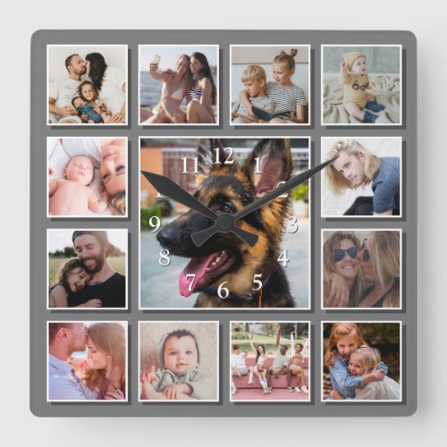 Create Your Own Photo Collage Gray Square Wall Clock