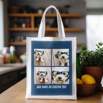 Create Your Own Photo Collage Navy 4 Pictures Reusable Grocery Bag by MarshEnterprises at Zazzle