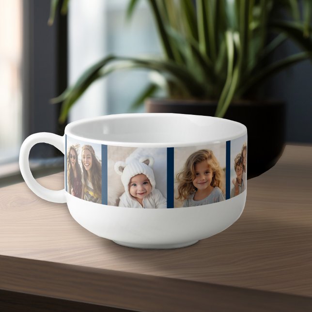Create Your Own Photo Collage Navy 4 Pictures Soup Mug (Personalized Soup Mug - Add Your Photos and Text for a Great Gift)