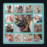 Create Your Own Photo Collage Teal Square Wall Clock<br><div class="desc">Modern family wall clock featuring a trendy teal background that can be changed to any color,  and a personalized 13 square photo collage of happy memories.</div>