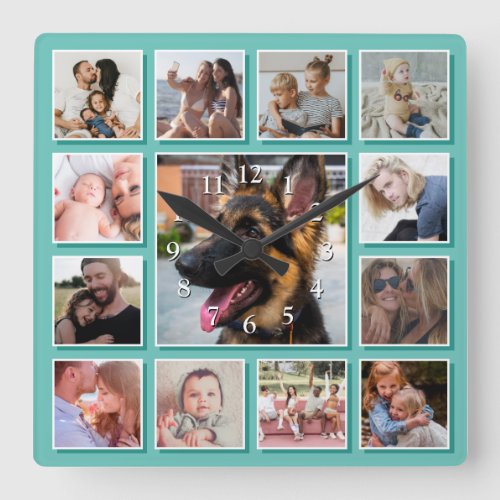 Create Your Own Photo Collage Teal Square Wall Clock
