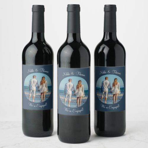Create Your Own Photo Engagement Blue Name Couple Wine Label