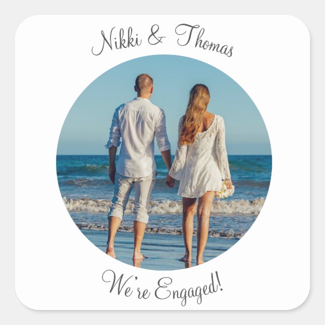 Create Your Own Photo Engagement Name Script Square Sticker (Front)
