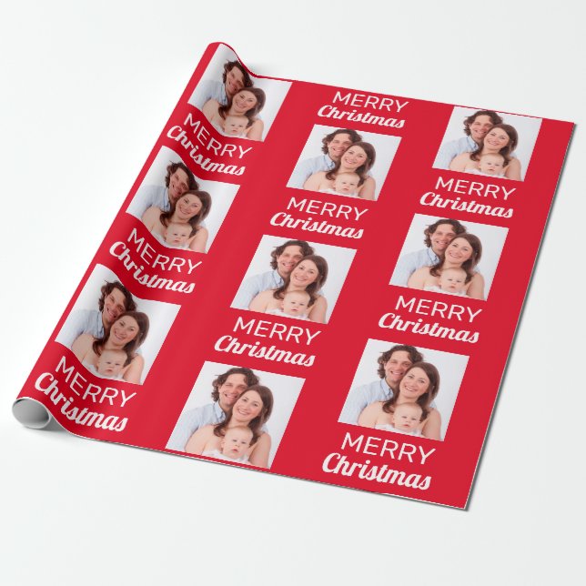 Create Your Own Photo Merry Christmas - red Wrapping Paper (Unrolled)