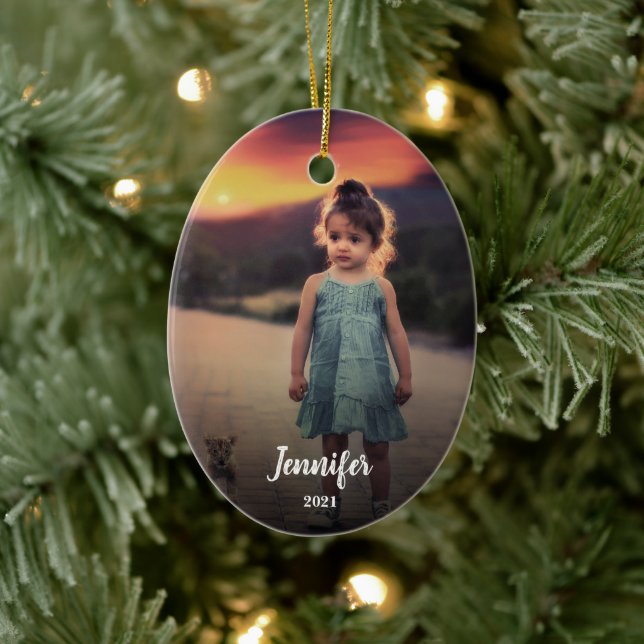 Create your own photo monogram name holiday ceramic ornament (Tree)