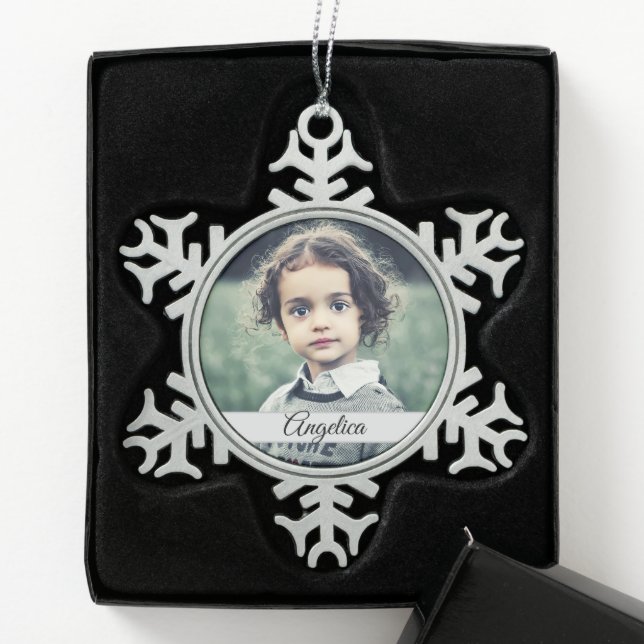 Create Your Own Photo Name Snowflake Pewter Christmas Ornament (Box)