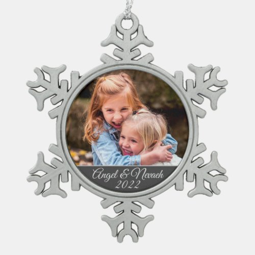 Create Your Own Photo Names and Year Snowflake Pewter Christmas Ornament