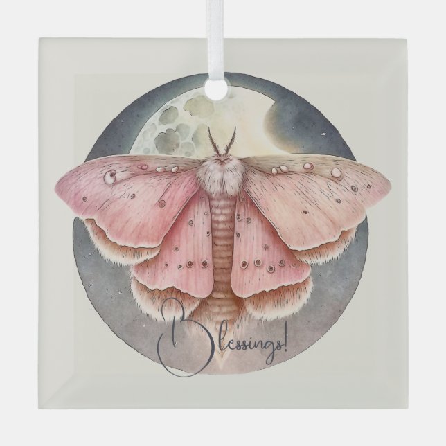 Create Your Own Pink Full Moon Moth Glass Ornament (Front)