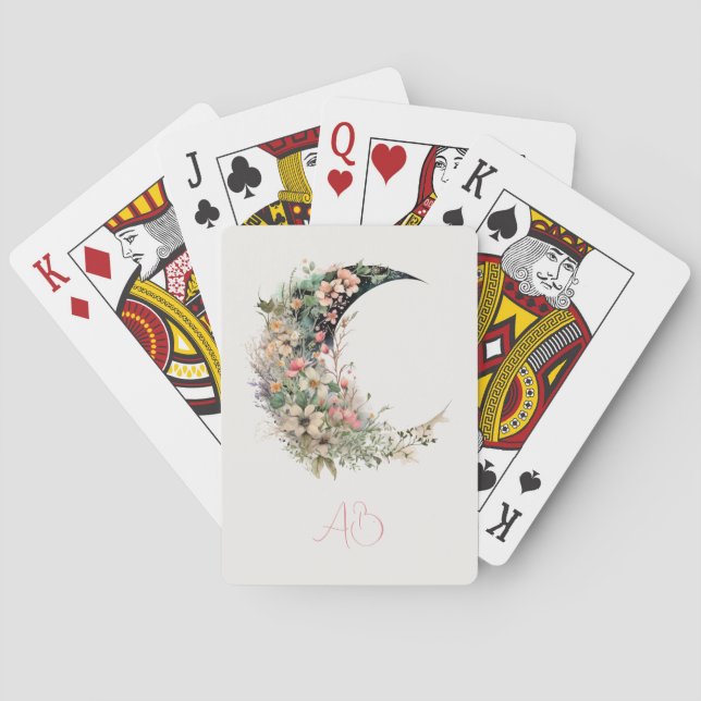 Create Your Own Pink Meadow Floral Crescent Moon Poker Cards (Back)