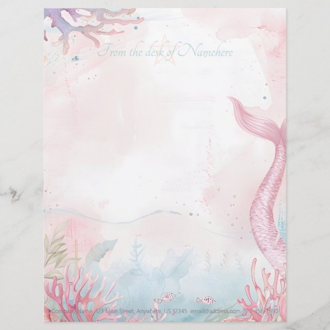 Create Your Own Pink Mermaid Tail Seascape Letterhead (Front)