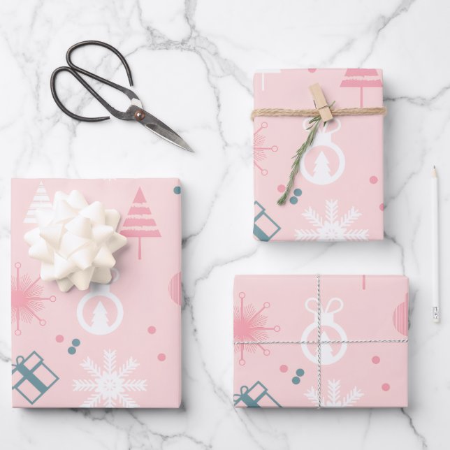 Create Your Own Pink Pastel Xmas Pattern Wrapping Paper Sheets (Front)