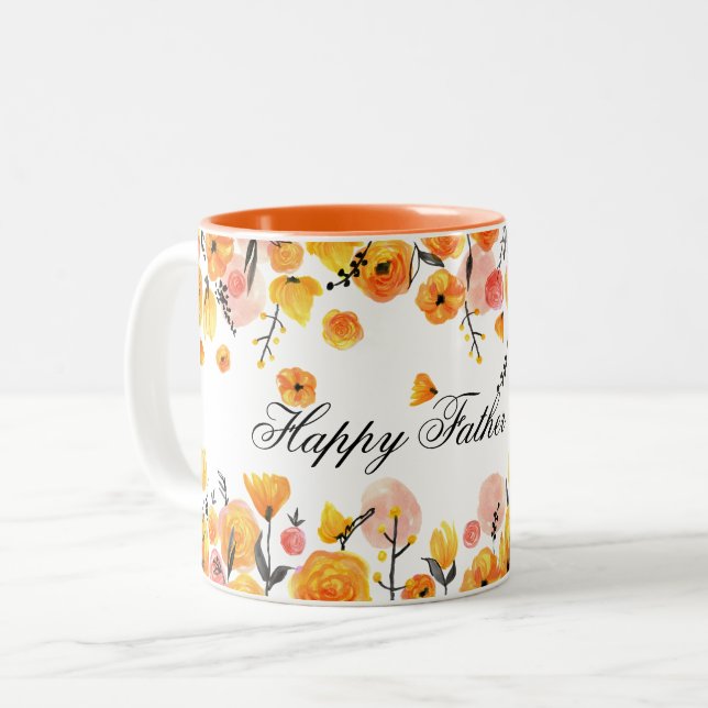 Create Your Own Pink & Yellow Floral Father's Day Two-Tone Coffee Mug (Front Left)