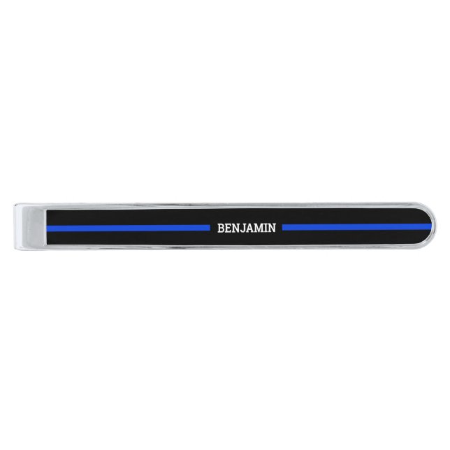 Create Your Own Police thin Blue Line Silver Finish Tie Bar (Front)