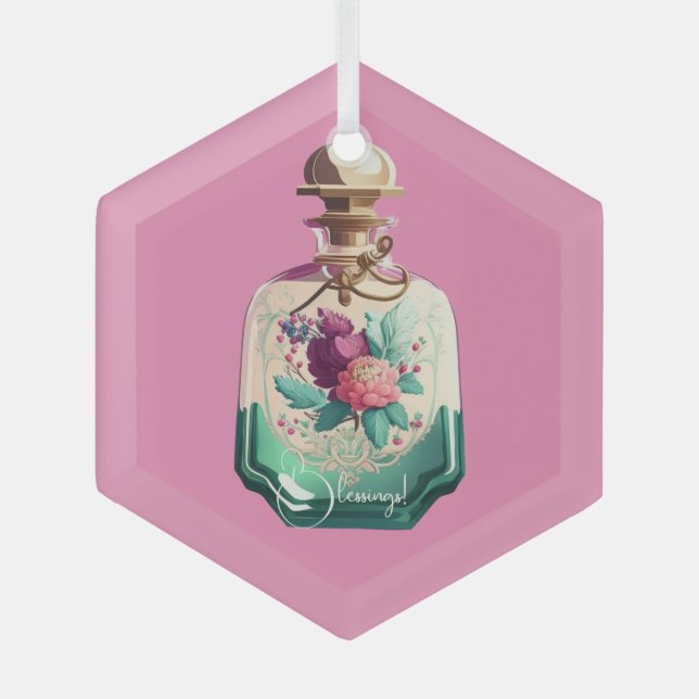 Create Your Own Pretty Peonies Perfume Bottle Glass Ornament (Front)