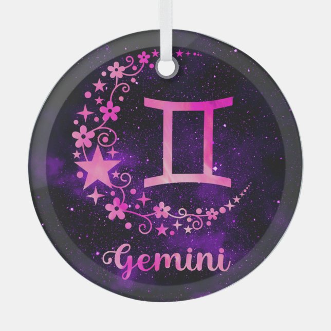Create Your Own Purple Celestial Gemini Zodiac Glass Ornament (Front)