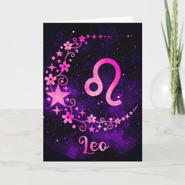 Create Your Own Purple Celestial Leo Zodiac Holiday Card (Front)