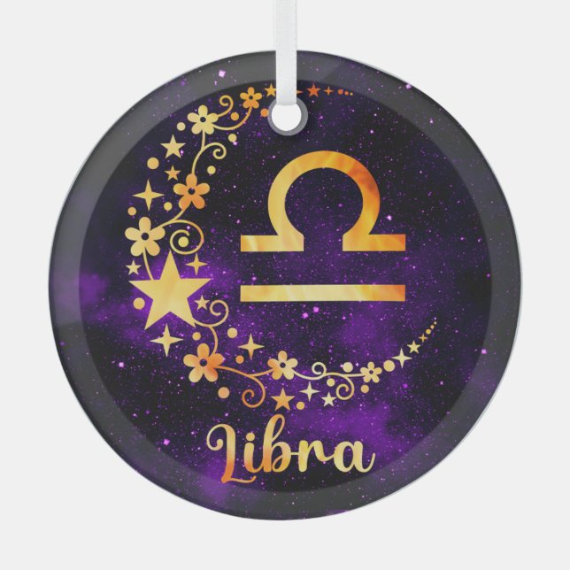 Create Your Own Purple Celestial Libra Zodiac Glass Ornament (Front)