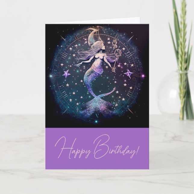 Create Your Own Purple Celestial Mermaid Holiday Card (Front)