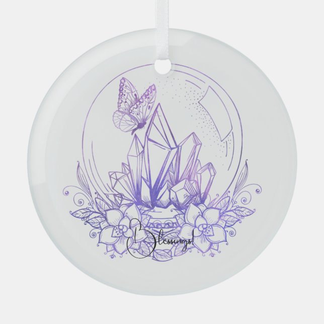 Create Your Own Purple Crystal Ball & Flowers Glass Ornament (Front)
