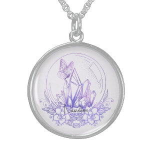 Create Your Own Purple Crystal Ball & Flowers Sterling Silver Necklace