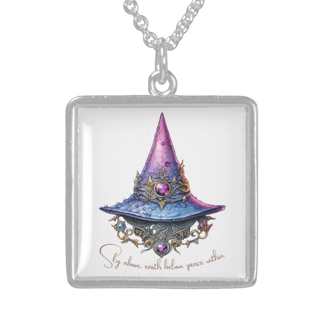 Create Your Own Purple Pink Bejeweled Witch Hat Sterling Silver Necklace (Front)