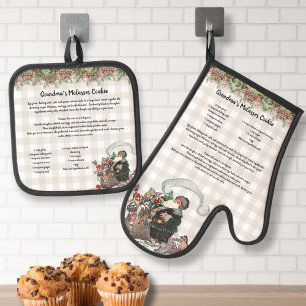 Create your own Recipe Keepsake Vintage Santa Oven Mitt & Pot Holder Set