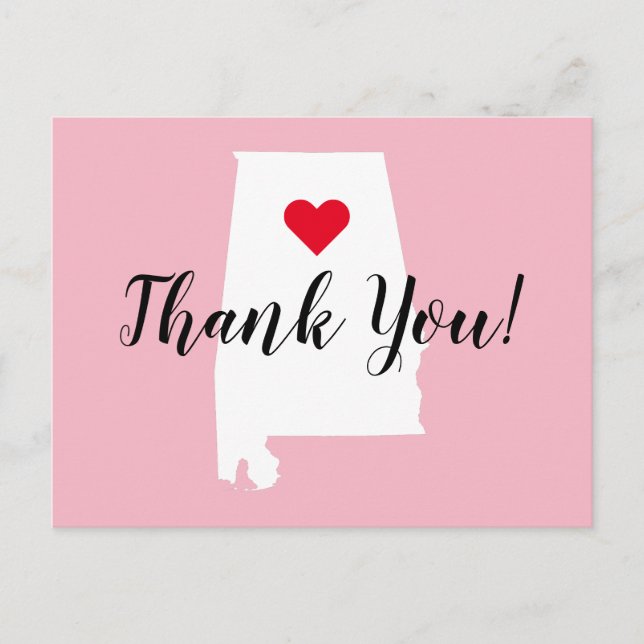 Create Your Own Red Heart White Alabama Thank You Postcard (Front)