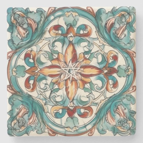 Create Your Own Red Yellow Teal Faux Talavera Stone Coaster