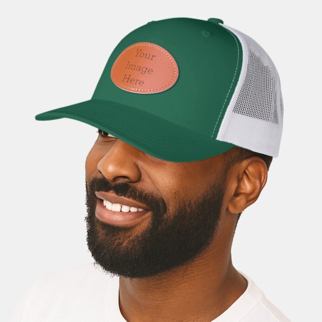 Custom Leather Patch Hat, Sytle: Adult Retro Trucker Cap, Color: Evergreen / White, Shape: Oval (Male)