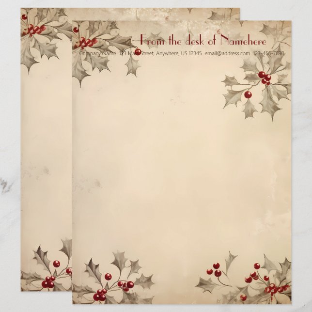 Create Your Own Retro Red Grey Holly Berries Letterhead (Front/Back)
