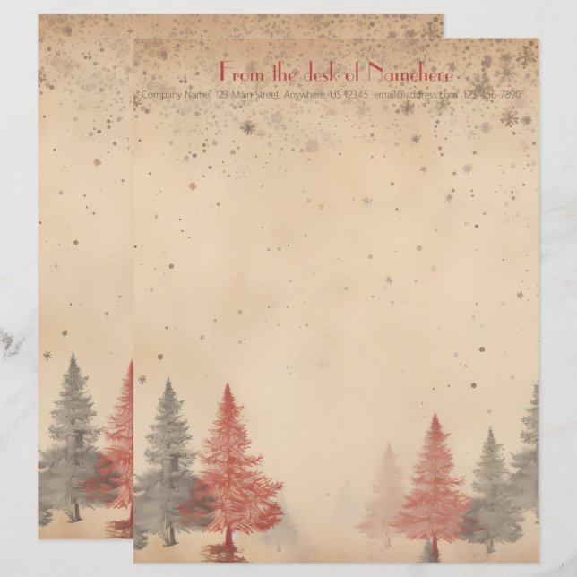 Create Your Own Retro Snowy Red Grey Trees Letterhead (Front/Back)