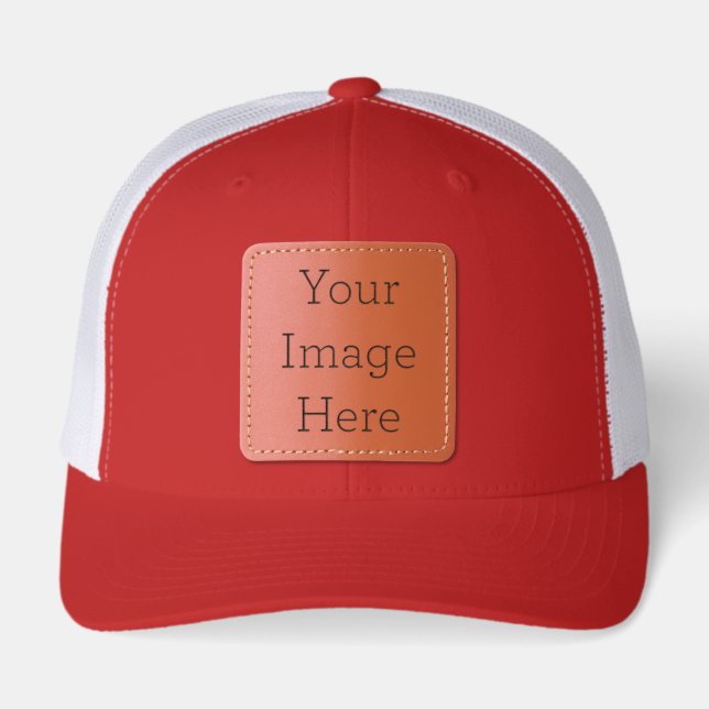 Custom Leather Patch Hat, Sytle: Adult Retro Trucker Cap, Color: Red / White, Shape: Square (Front)