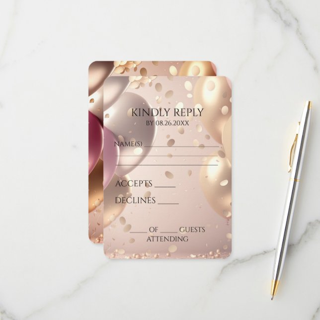 Create Your Own Rose Gold Balloons RSVP Card (Front/Back In Situ)