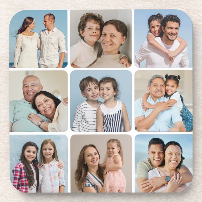 Create Your Own Round Corners 9 Photo Collage Beverage Coaster (Front)