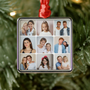 Create Your Own Round Corners 9 Photo Collage Metal Ornament