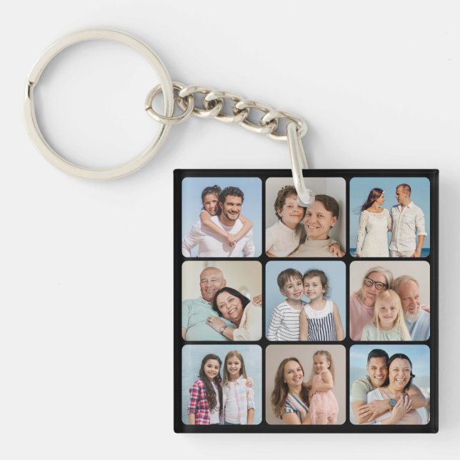 Create Your Own Rounded Corners 9 Photo Collage Keychain (Front)